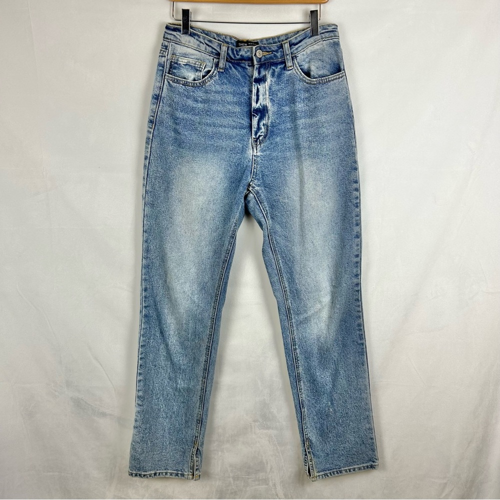 SHEIN Light Wash High Rise Straight Leg Jeans Split‎ Hem SZ 10